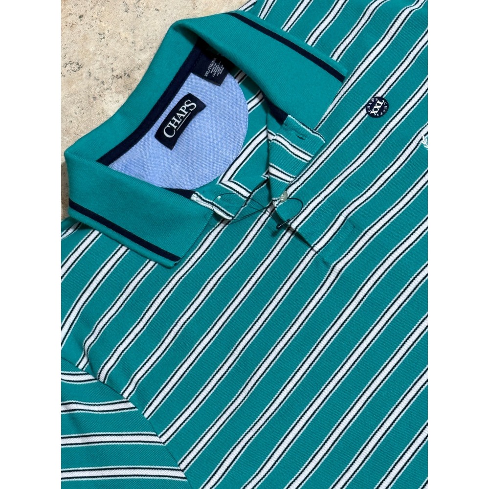 NEW Chaps Mens XXL Polo Shirt Teal Green Striped Short Sleeve Mesh Knit Logo XXL